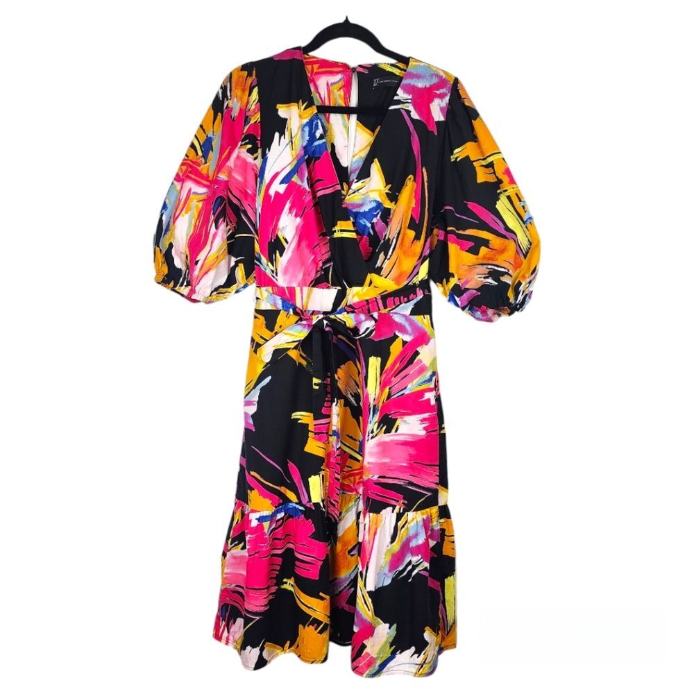 New York & Co. Floral Multicolor Poplin Midi Dress Puff Sleeve Size M